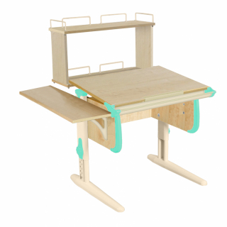 Парта Дэми СУТ-24-02Д 75см с надстройкой и боковой приставкой клен/аквамарин/бежевые ноги